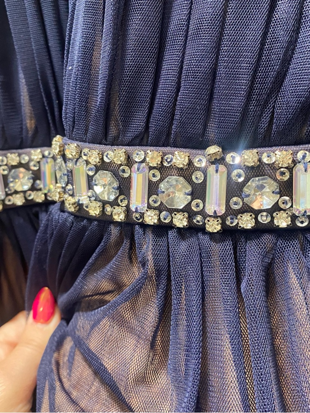 Juniors Way-In Navy Blue Embellished Halter Tulle Dress - Picture 9 of 16
